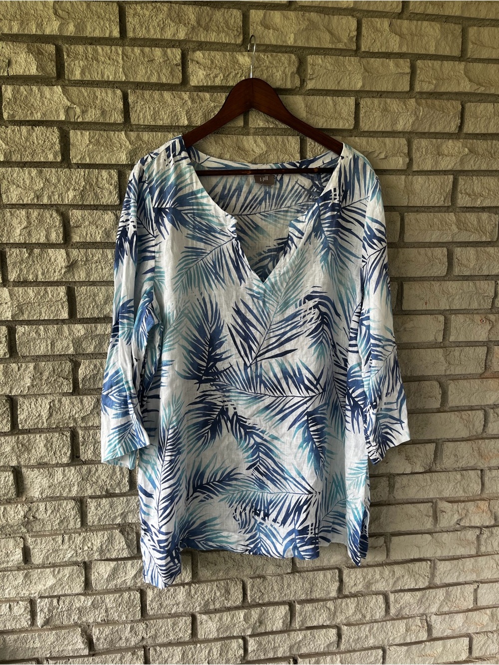J. Jill  100% Linen Blue White Tropical Palm Frond Print V-Neck Tunic XL TALL